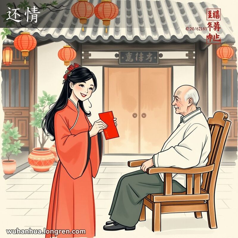 一位年轻女子在传统庭院中向长者递上红包，表达感激之情