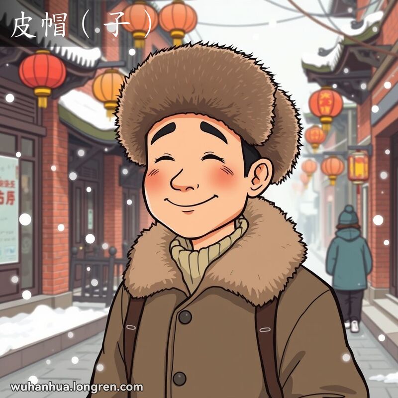 一位武汉市民在冬季街道上行走，头戴传统的皮帽子，背景是武汉老街景。