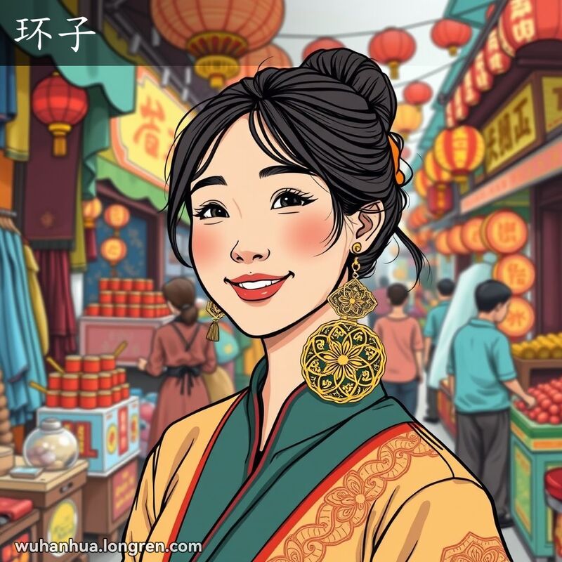 一位武汉年轻女子佩戴精致金耳环，背景是热闹的市场