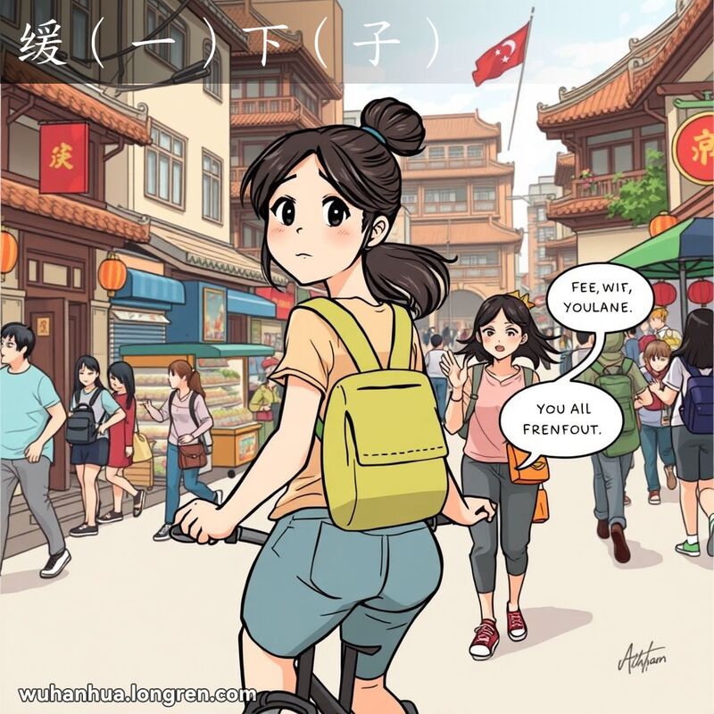 一位年轻女子骑自行车在武汉街头，回头望向身后的朋友，示意她等一下，背景是武汉老街景