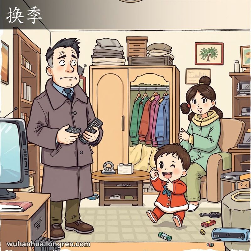 一个武汉家庭在更换季节装备，父亲穿新冬衣，母亲叠新衣，孩子玩新玩具，背景有老旧家具和新电子产品