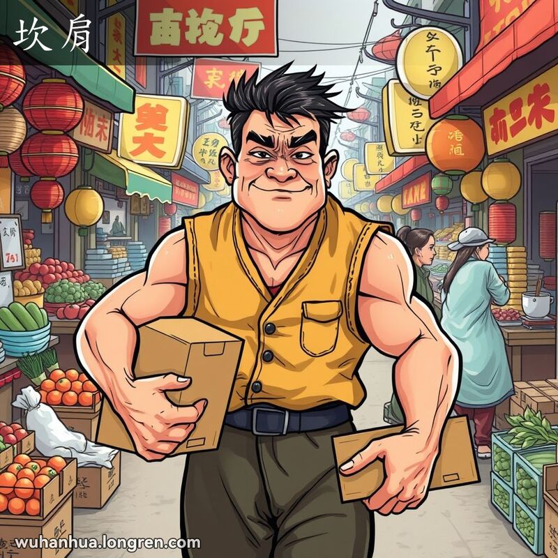 一位穿无袖背心的壮汉在武汉市场搬运重物，背景是繁忙的市场和摊贩。