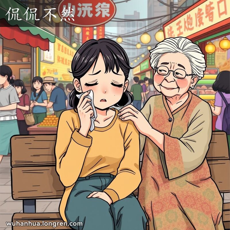 一位年轻女子坐在武汉市场的长椅上，擦拭眼泪，旁边的年长女性在安慰她，背景是热闹的市场