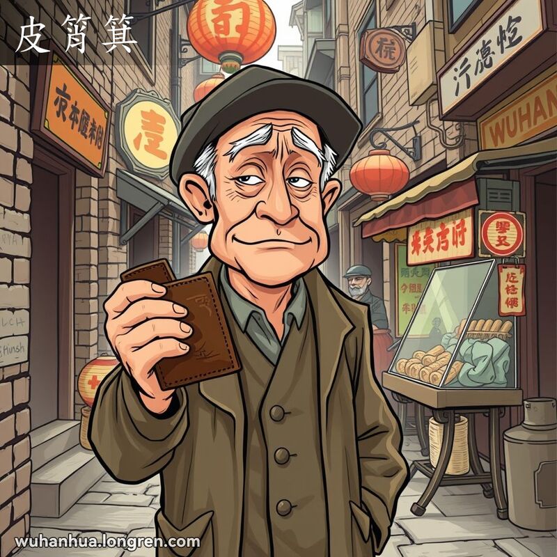 一位吝啬的老人站在武汉老街巷子里，紧攥钱包，背景是红砖墙和传统店铺招牌