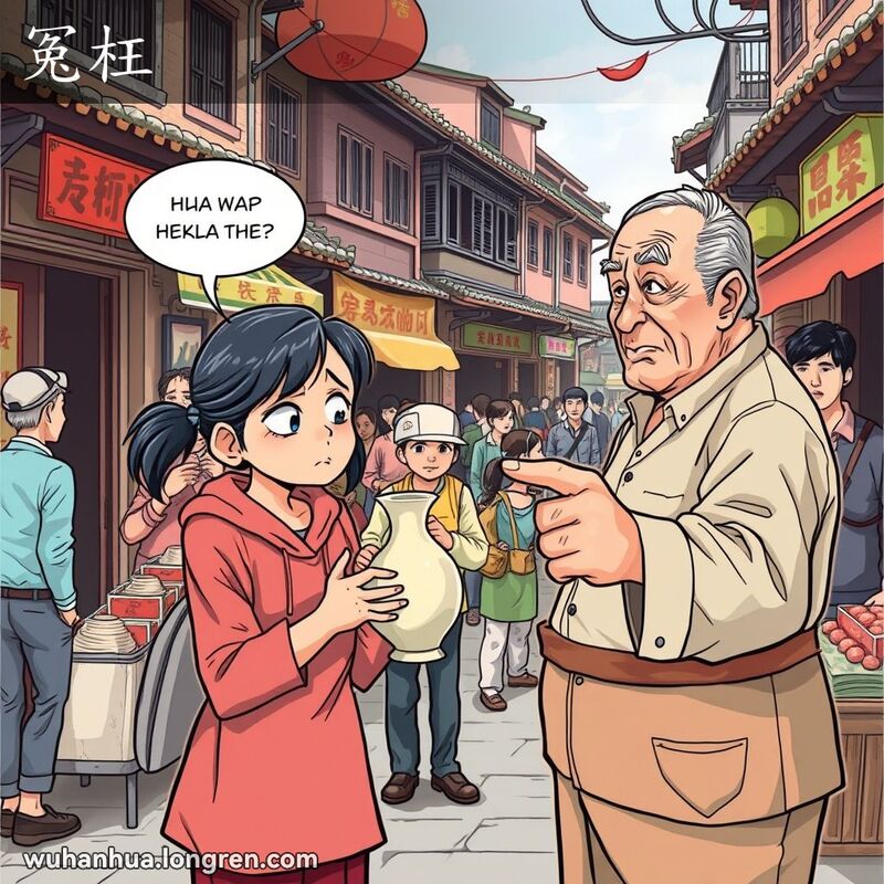 一位年轻女子在武汉街市上手持破碎花瓶，面对严厉的小贩，表情委屈，背景是热闹的街市和摊贩。