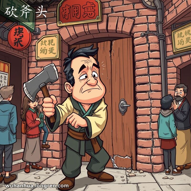 一位穿着传统服装的男子手持斧头，试图劈开木门，背景是武汉老街景