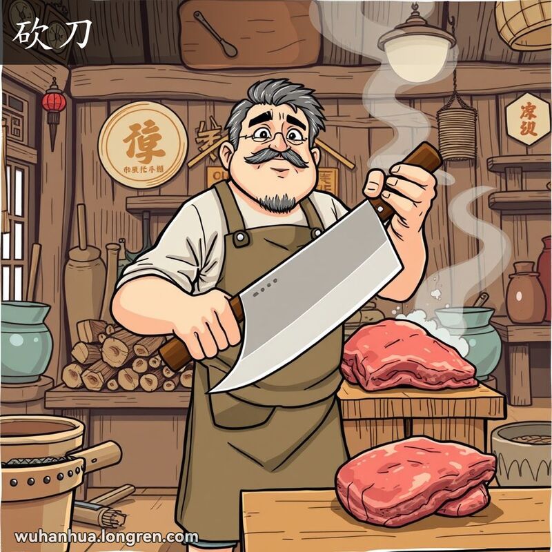 一位中年男子在传统武汉厨房中手持砍刀，准备砍柴或切肉，背景有传统厨房用具和装饰