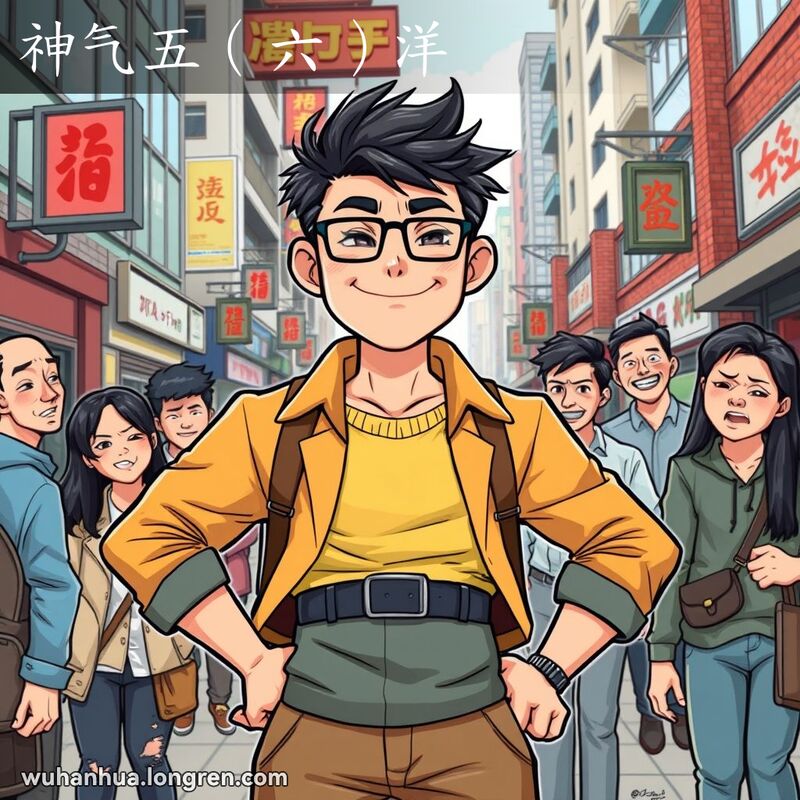 一位年轻的武汉男子挺胸抬头，脸上带着自满的笑容，背景是繁忙的武汉街道，周围是一群朋友。