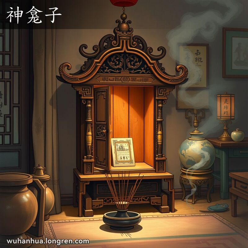 一个传统的中式木质神龛，雕刻精美，涂有传统的中国色彩，置于一个温馨、昏暗的房间角落，神龛的小门微微打开，露出里面的祖宗牌位或小神像，房间内弥漫着香火的气息，几根香火插在神龛前的香炉中。