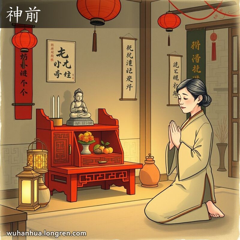 一个传统中国家庭场景，角落里有一个神龛，一位中年妇女跪在神龛前祈祷，背景有传统装饰。