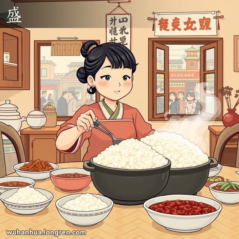 一位武汉妇女在家中餐桌旁用勺子舀米饭到小碗中，背景是温馨的厨房和武汉街景