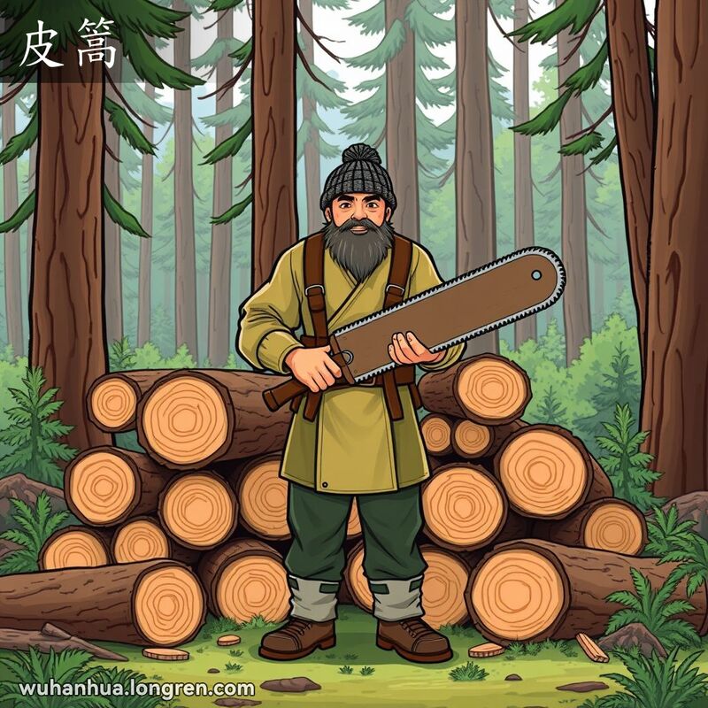 一位伐木工人在森林中手持大锯，周围堆放着带有树皮的木材，背景是高大的树木和茂密的绿色植被