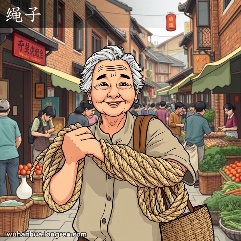 一位老妇人在武汉老街市场上用绳子捆绑蔬菜，背景是热闹的市场和传统建筑