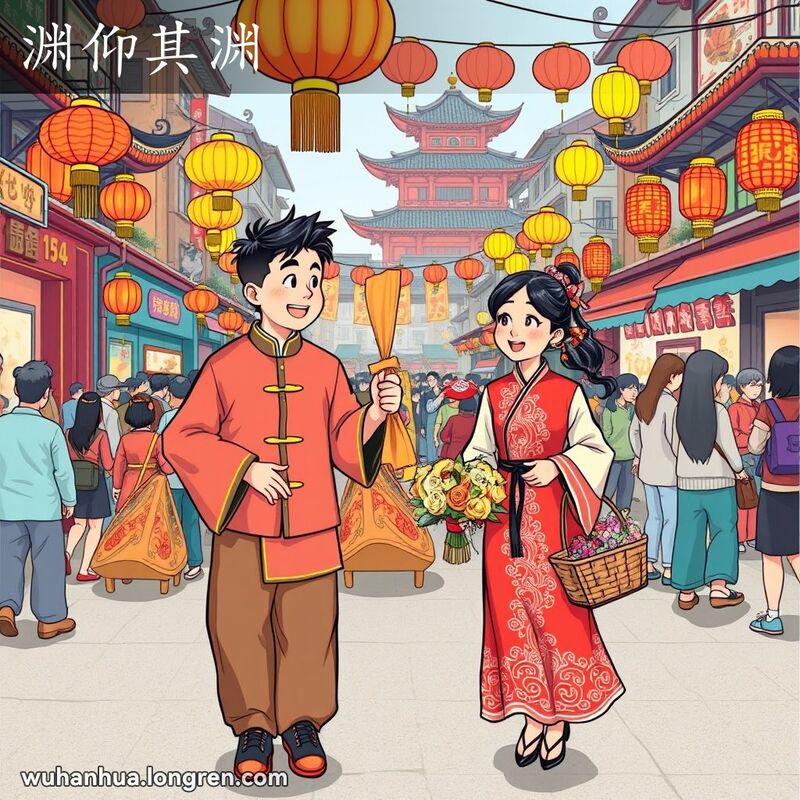 两个人在武汉街头偶然相遇，背景是龙舟赛和节日装饰，男子手持灯笼，女子捧花，两人露出惊喜表情