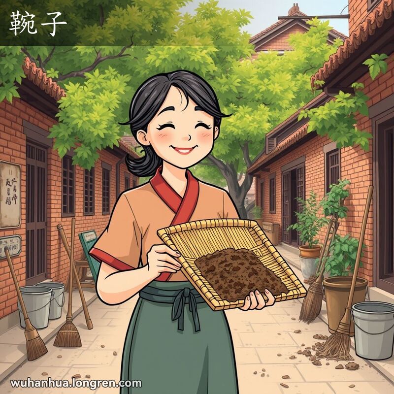 一位武汉妇女手持用细竹片编织的簸箕，簸箕里装满了土，背景是武汉老街景