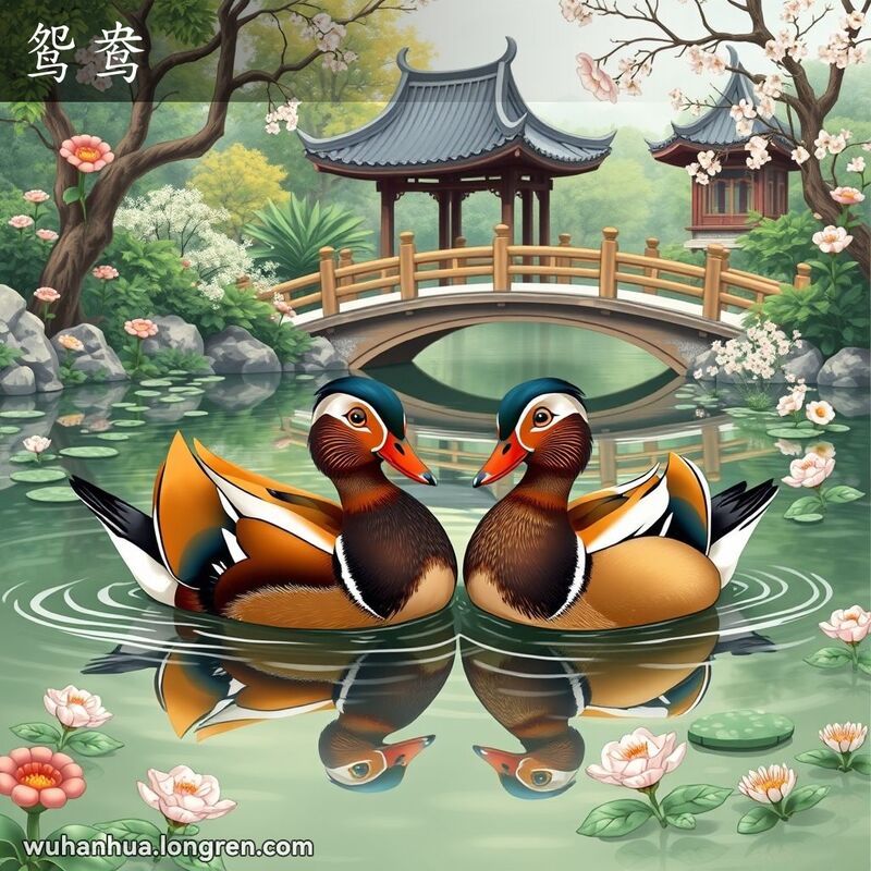 一对鸳鸯在传统中国庭院的池塘中游泳，背景有木桥和小亭子