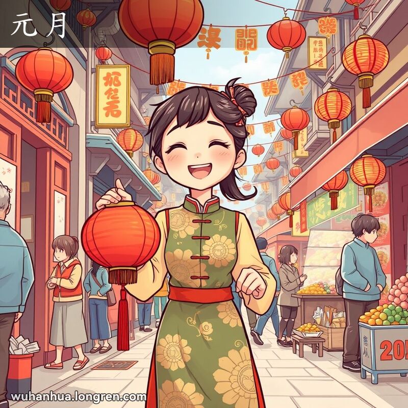 武汉街头新年庆祝场景，年轻女子手持红灯笼和鞭炮，背景有红对联、剪纸和灯笼，街上人们购买年货，摊贩售卖小吃和新年装饰品。