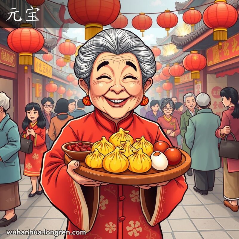 一位穿红色喜庆服装的老妇人手持象征吉祥的食物盘，背景是热闹的武汉春节街市