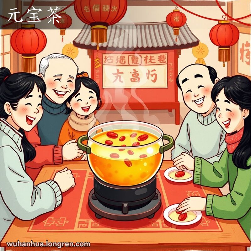 一家人围坐在桌旁，桌上有一壶加了红糖和红枣的元宝茶，背景是传统春节装饰