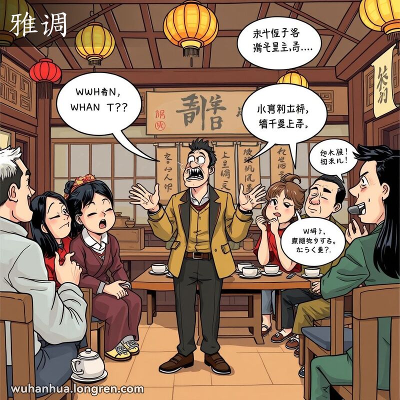 一群人在武汉茶馆里，一人高调说话，听众表现怀疑，背景有茶具和书法挂轴