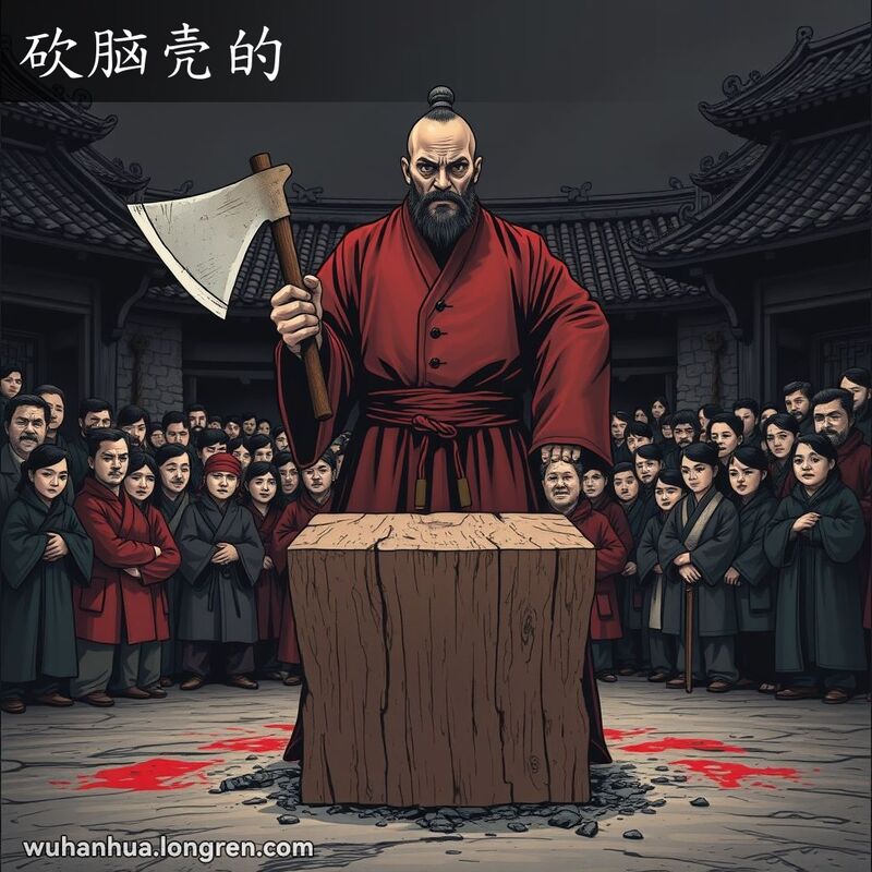 古代中国刑场，刽子手手持大斧站在砍头台前，背景是紧张的观众