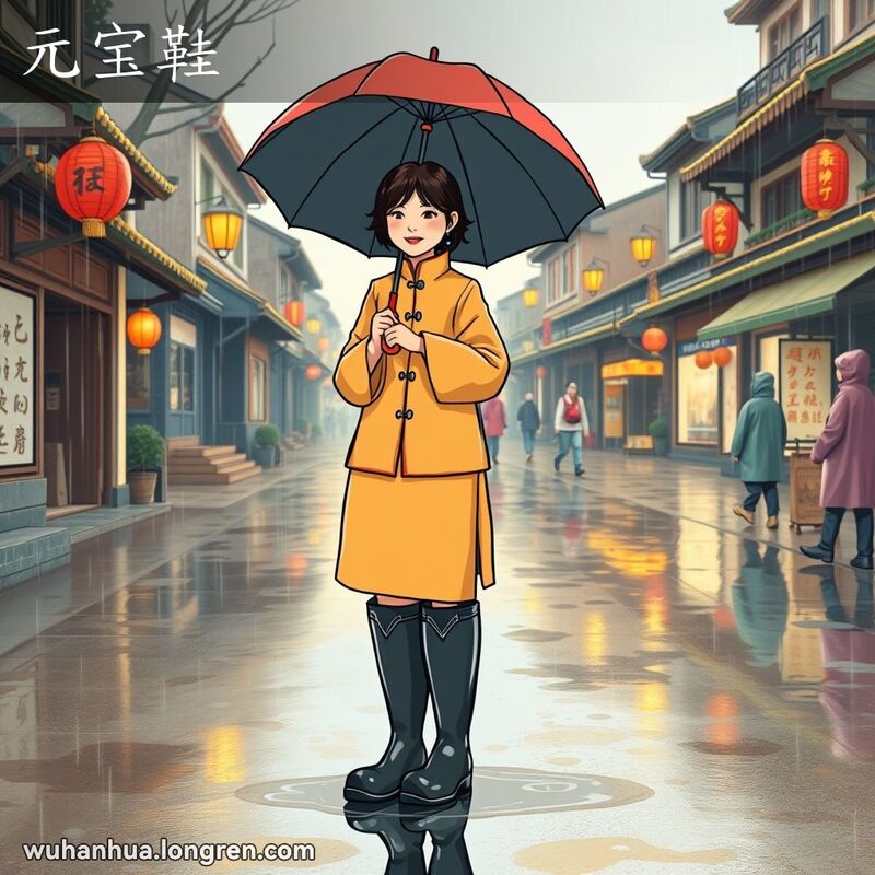 一位武汉妇女在细雨中撑伞行走，脚穿元宝形状的防雨胶鞋，背景是武汉老街景