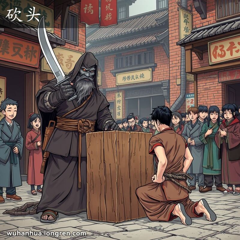 一个刽子手手持大刀站在木头砧板旁，一个囚犯跪在地上，背景是武汉老街景