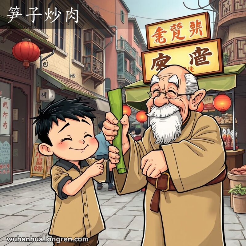 武汉老街上，一位小男孩被长辈用竹片打手，背景是热闹的市场和竹笋肉摊位