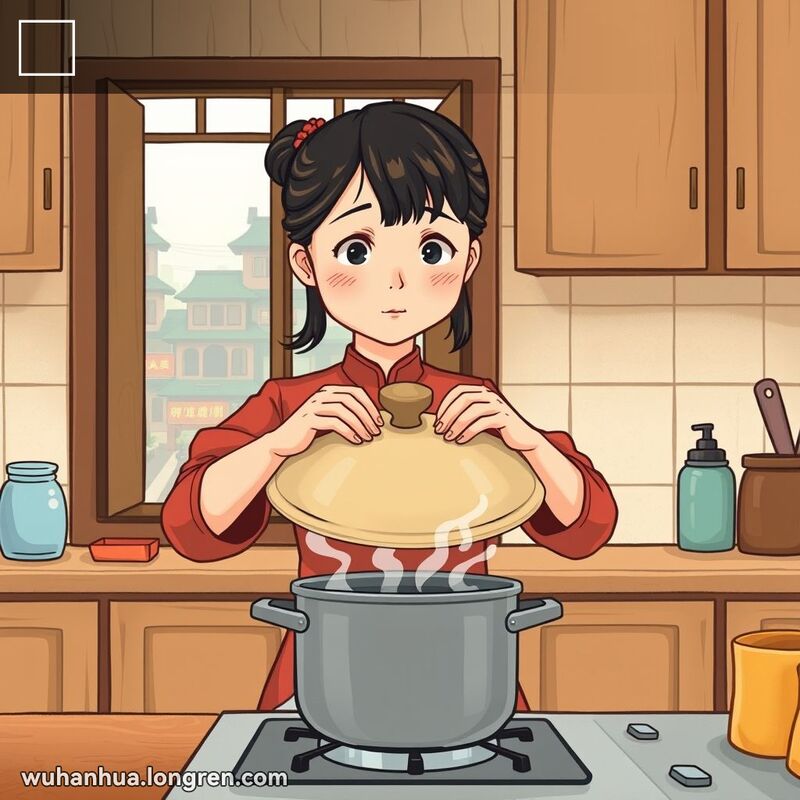 一位女子在厨房中小心翼翼地盖上锅盖，背景是武汉街景