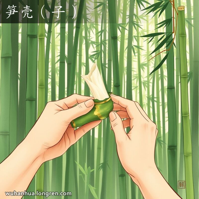 一片竹林中，一双手正剥开竹笋的外壳，露出新鲜的竹笋。