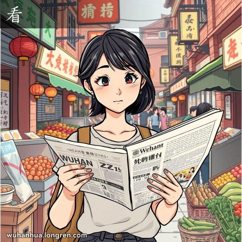 一位武汉女子在街头市场中专注地看报纸，背景是繁忙的市场景象和武汉老街景。