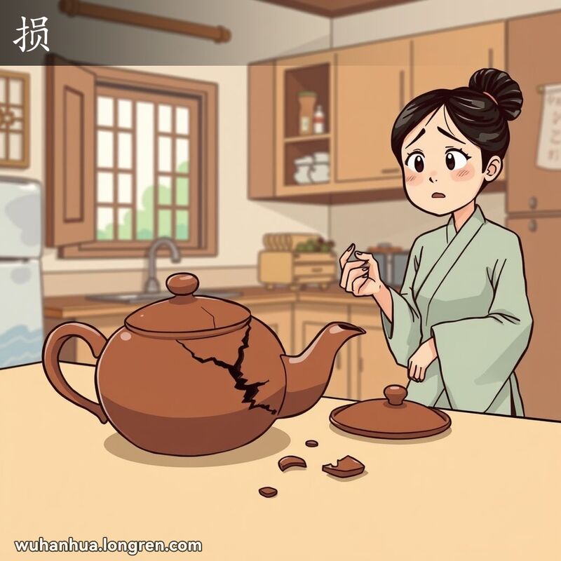 一位女性站在厨房柜台前，手持一只破裂的茶壶，茶壶盖上有明显的裂纹，背景是传统中式厨房。