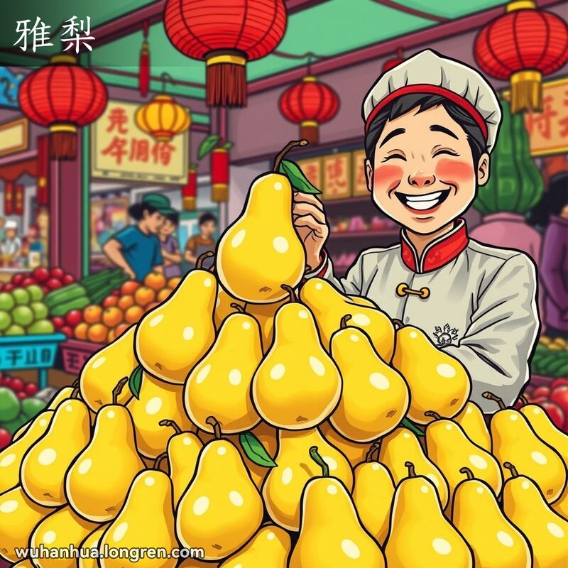 武汉市场上的水果摊，摊贩举着一只雅梨，背景有红灯笼和其他水果