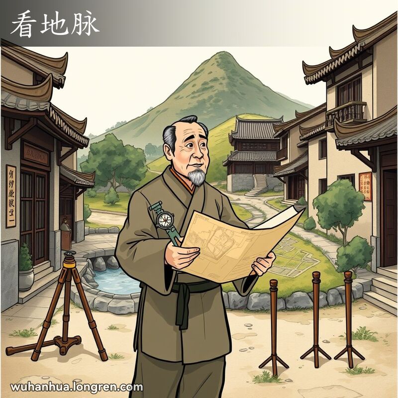 一位中年男子在武汉街道上手持罗盘和地图查勘土地，背景有小山、树木和溪流