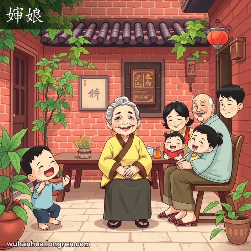 一位传统武汉庭院中的婶娘，坐在木凳上，脸上带着温暖的微笑，周围是她的家人和小孩。