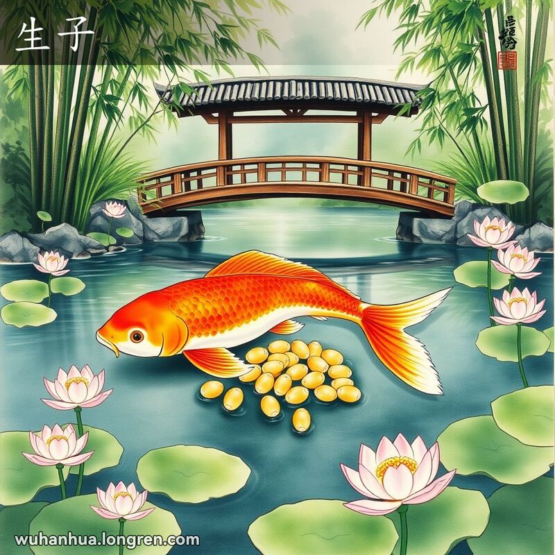 一条鲤鱼在荷花池塘中游动，周围散落着鱼卵，背景是宁静的自然环境