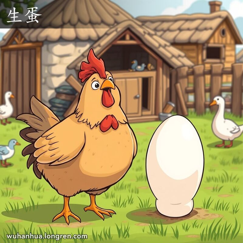 一只母鸡站在农场鸡舍前，旁边是一颗刚刚下的鸡蛋，背景是一个充满生机的农场