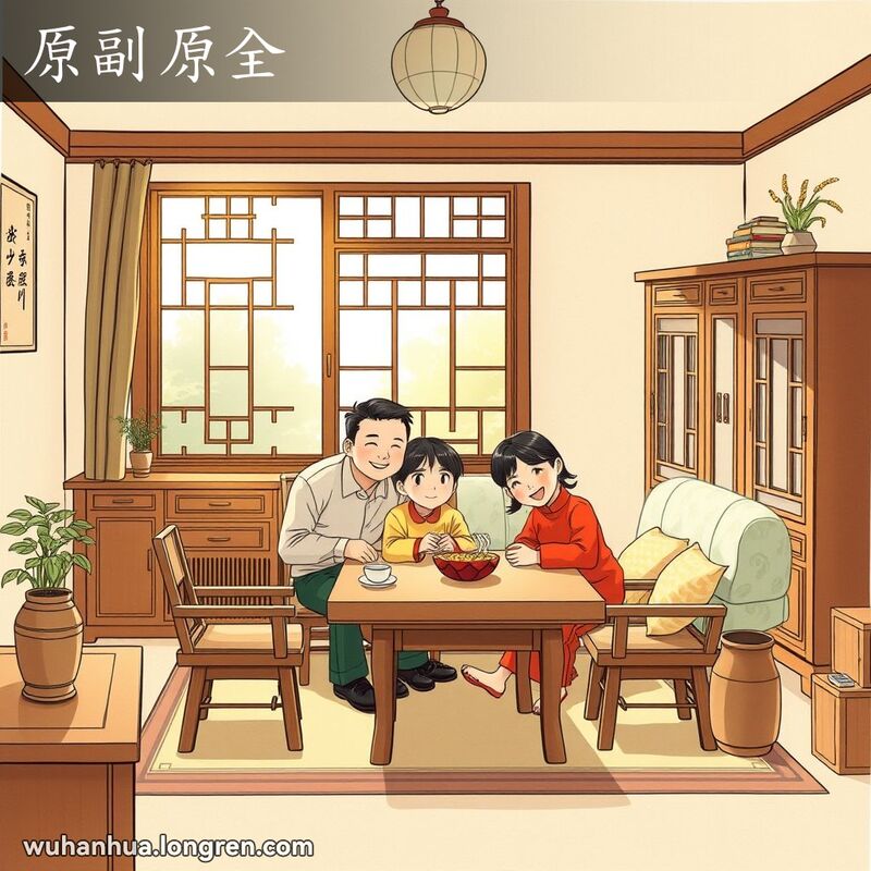 一个温馨的客厅，家具摆放整齐，窗户玻璃完好无损，一家三口坐在一起，脸上带着满足的笑容