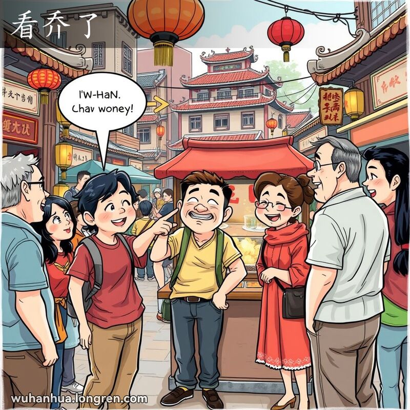一群武汉人在街头市场聊天，一人指着另一人露出轻蔑的笑容，背景是武汉的传统建筑和街头摊贩
