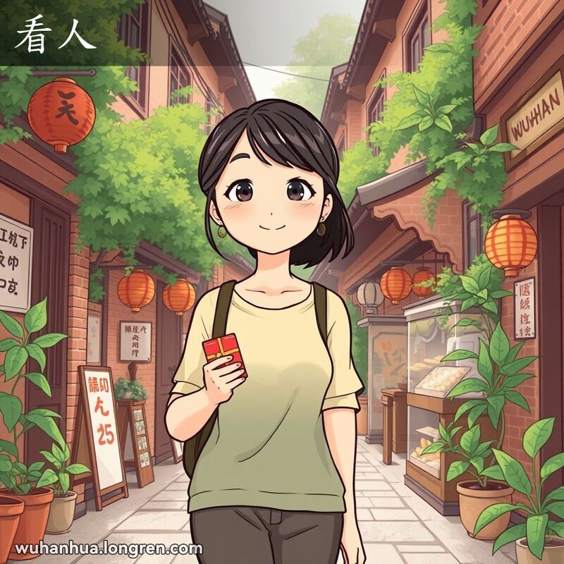 一位年轻女子手持礼物盒，微笑着走在武汉老街的巷子里，准备拜访朋友或亲人，背景是武汉老街景