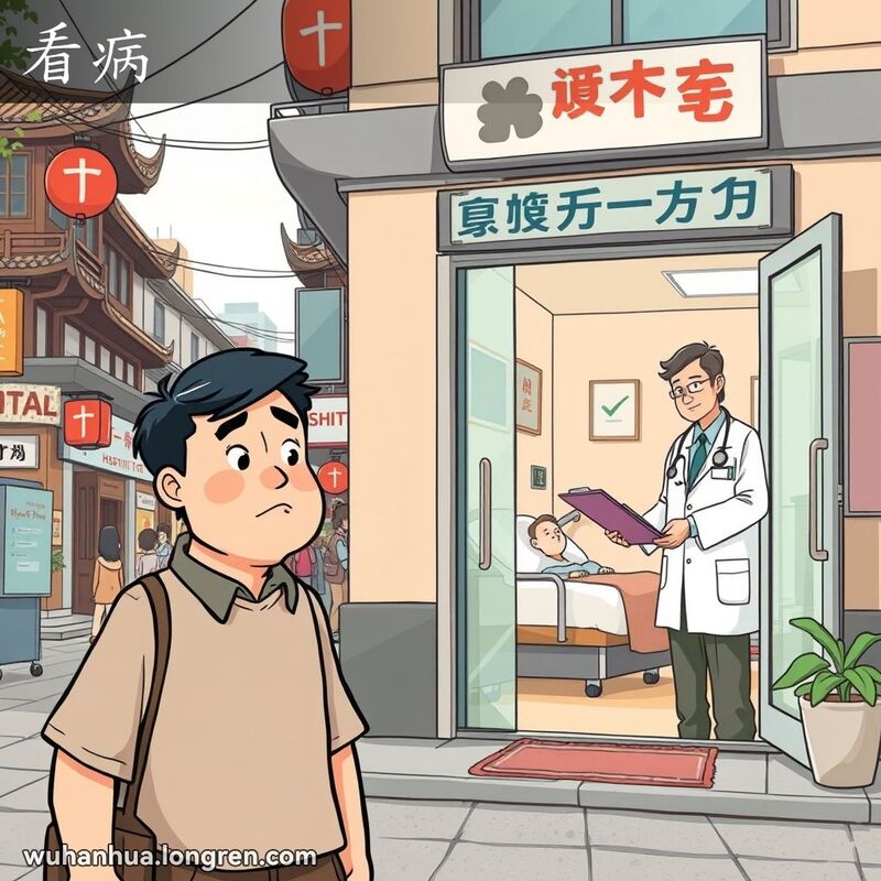 一位中年男子走向医院，医生在诊室内为病人诊治，背景是武汉街景