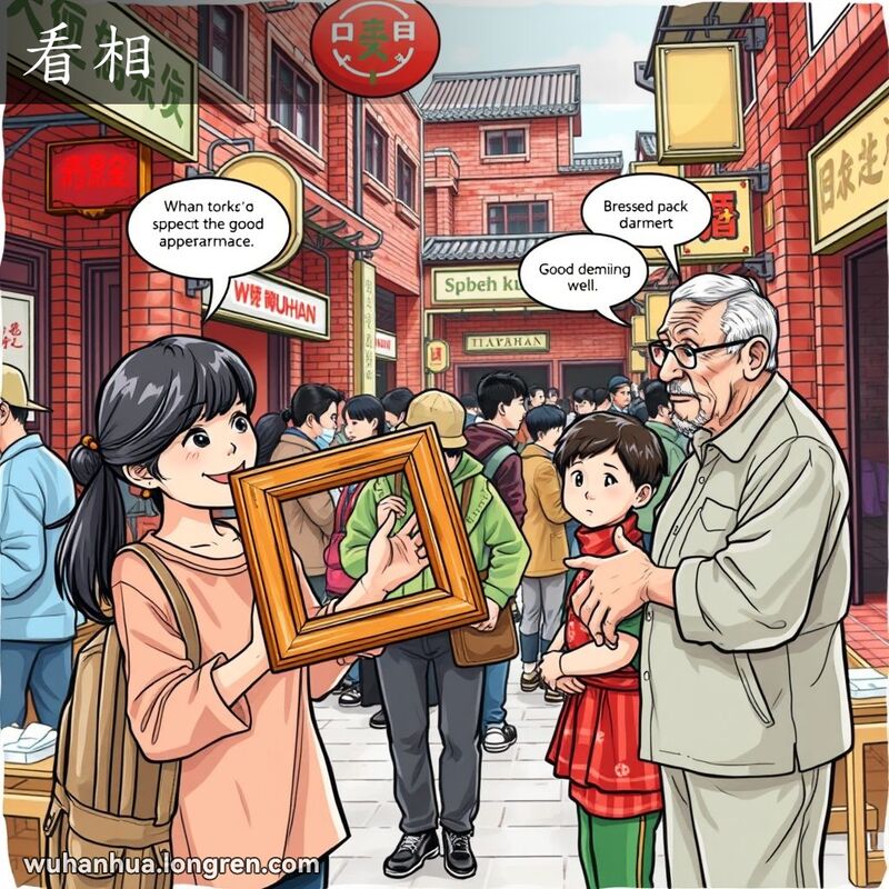 一位年轻女子在市场中拿着木质相框微笑，旁边老人观察整洁小男孩，背景是武汉老街景