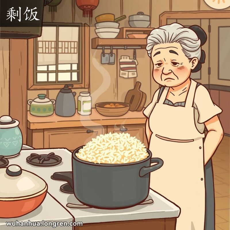 一位武汉奶奶站在厨房里，望着锅里剩下的半锅米饭，表情略显失望，背景是传统的武汉家庭厨房