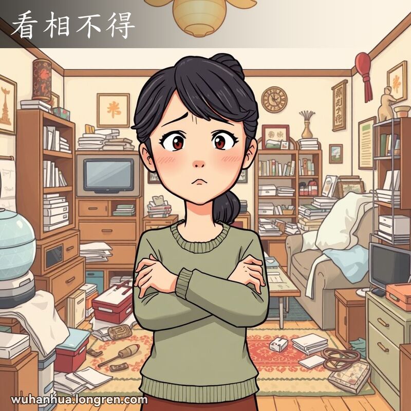 一位武汉女子站在凌乱的房间前，露出“看相不得”的不满表情，背景是武汉家庭环境