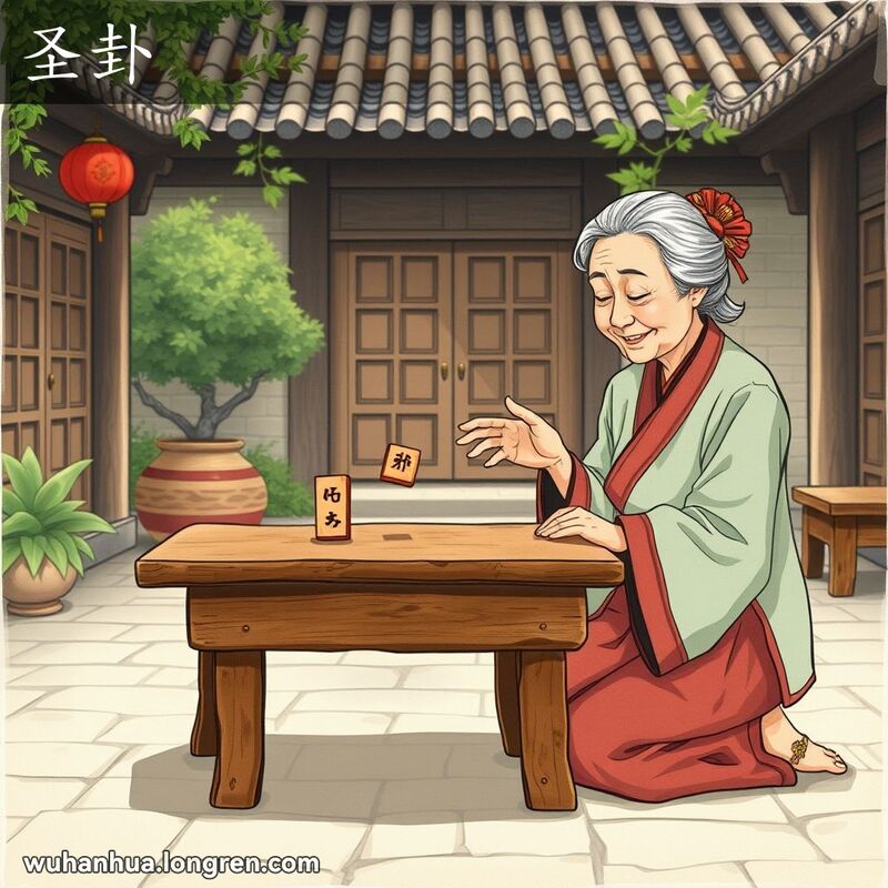 一位老妇人跪在地上，面前的桌上摆放着两片木片，一正一反，象征着吉祥的“圣卦”。