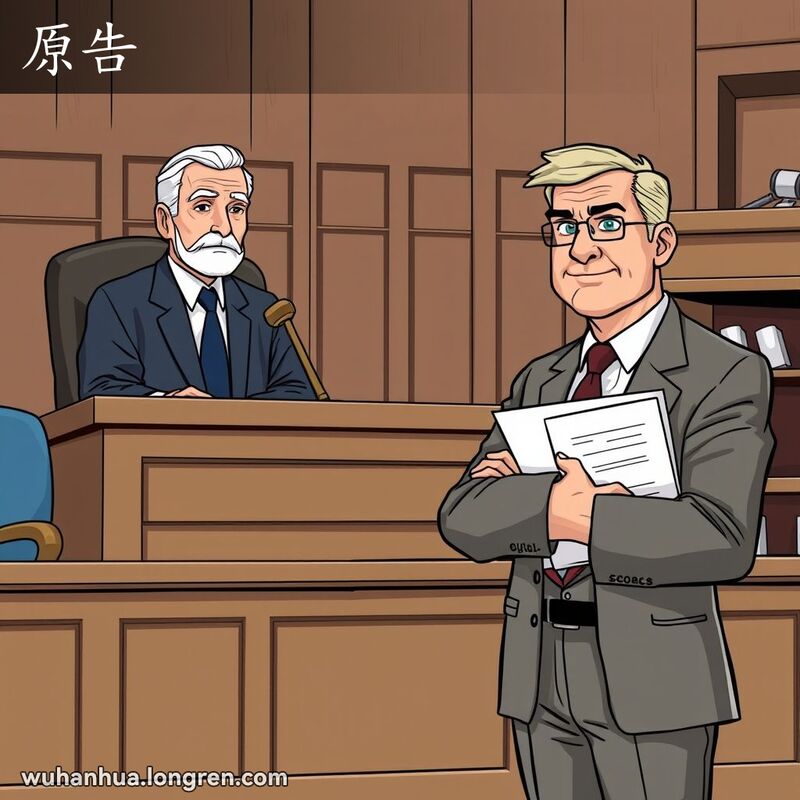 法庭场景中，原告站在法官面前，手持法律文件，表情坚定，背景是传统法庭。