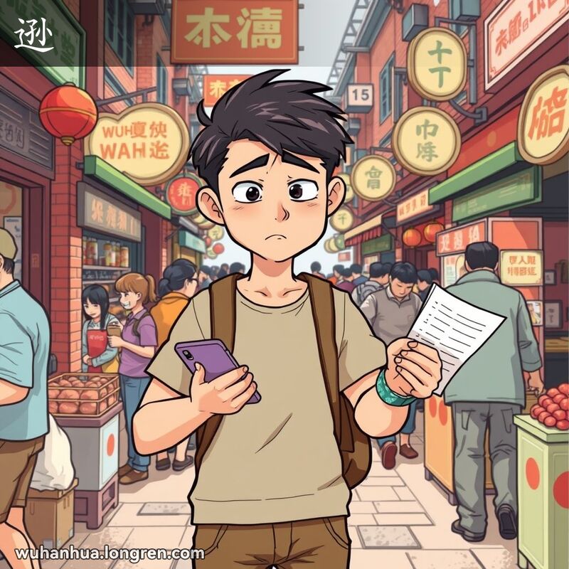 一位年轻男子在武汉街头市场中，手持手机和购物清单，表情焦虑，体现“逊”的延迟和耽搁的意思。