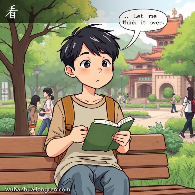 一位年轻的武汉市民坐在公园长椅上，手持一本书，目光投向远方，陷入沉思，背景是繁忙的公园和武汉建筑
