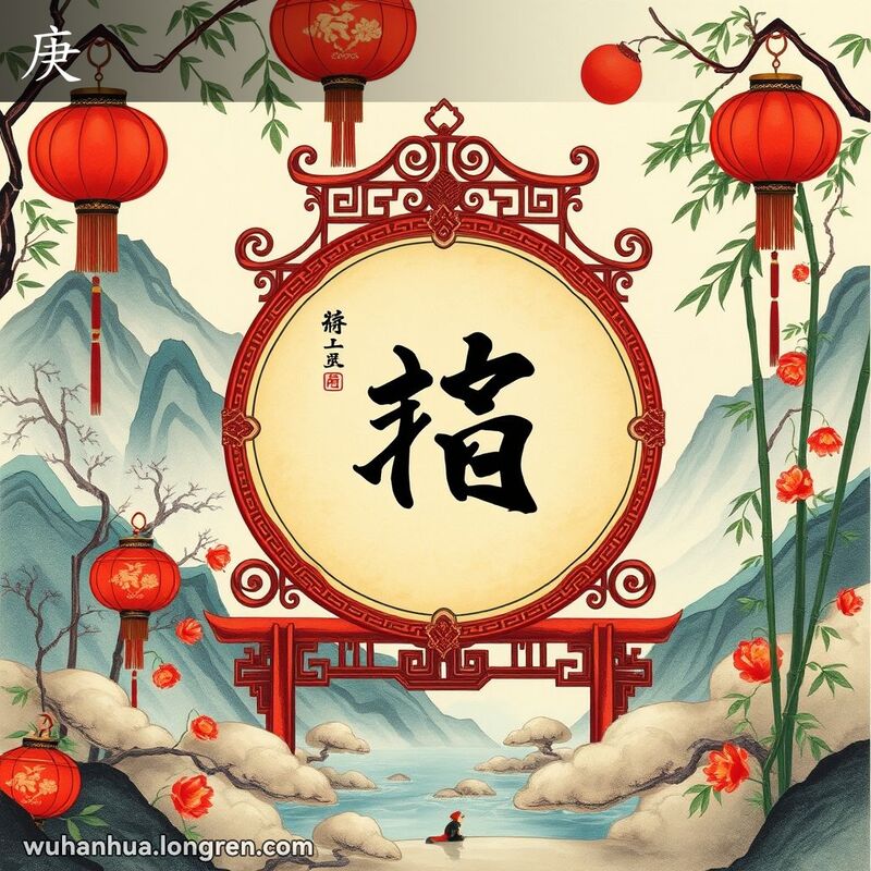 传统中国农历上显示天干第七位“庚”，周围有红灯笼、竹子和山水景观