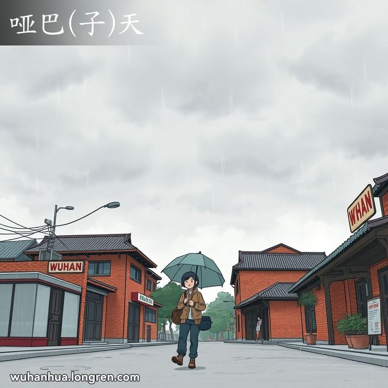 阴沉的天空布满乌云，一位武汉市民手持雨伞走在老街上，背景是武汉老建筑和传统招牌。